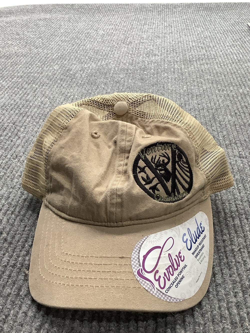 Women's Tan Mesh Back Trucker Cap with Embroidered Logo